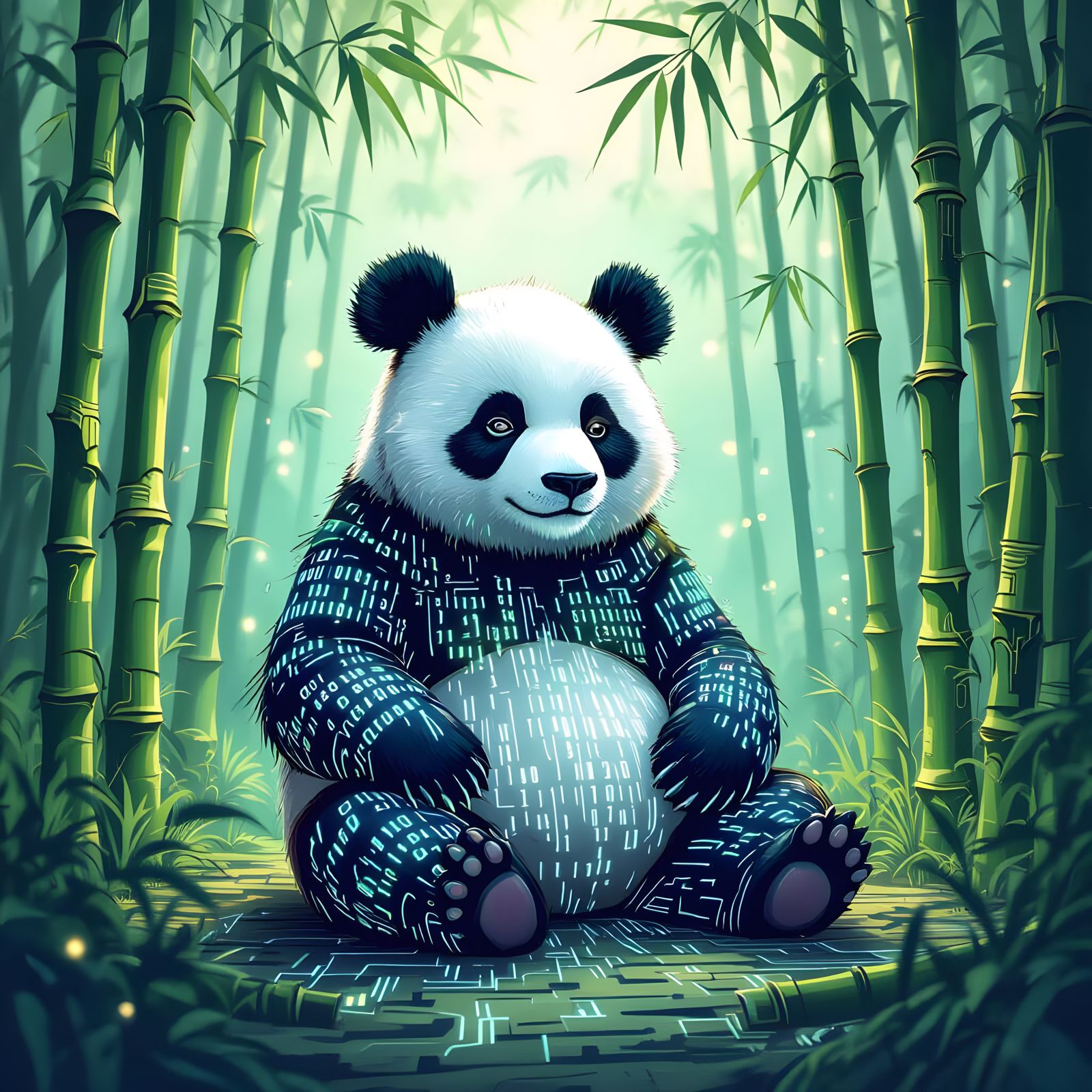 Mystical Panda Meditating in Circuit Board Bamboo Forest