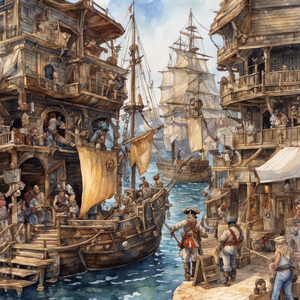 Detailed Watercolor Pirate Harbor Art