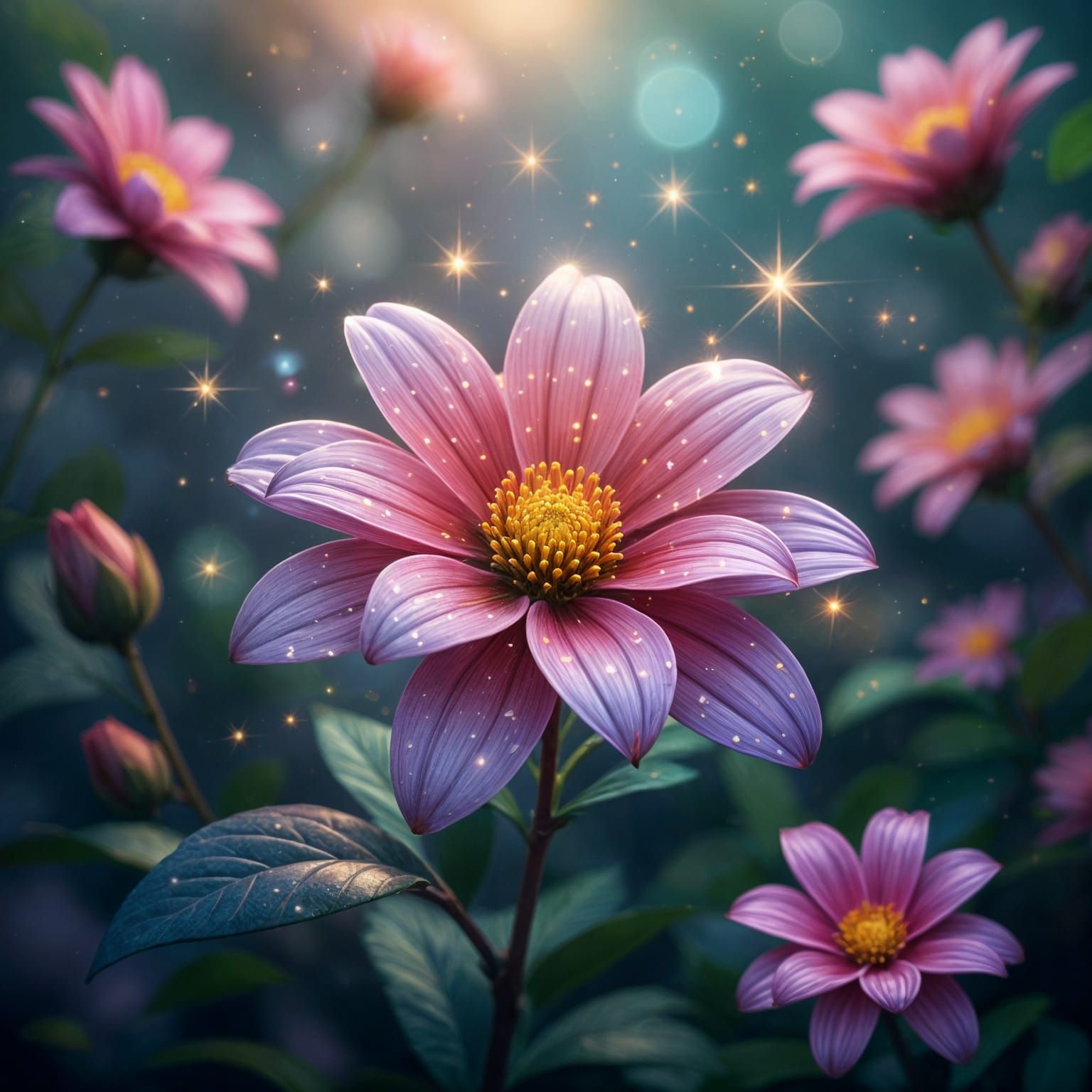 Magical Flowers With Glowing Sparkles And Flashes