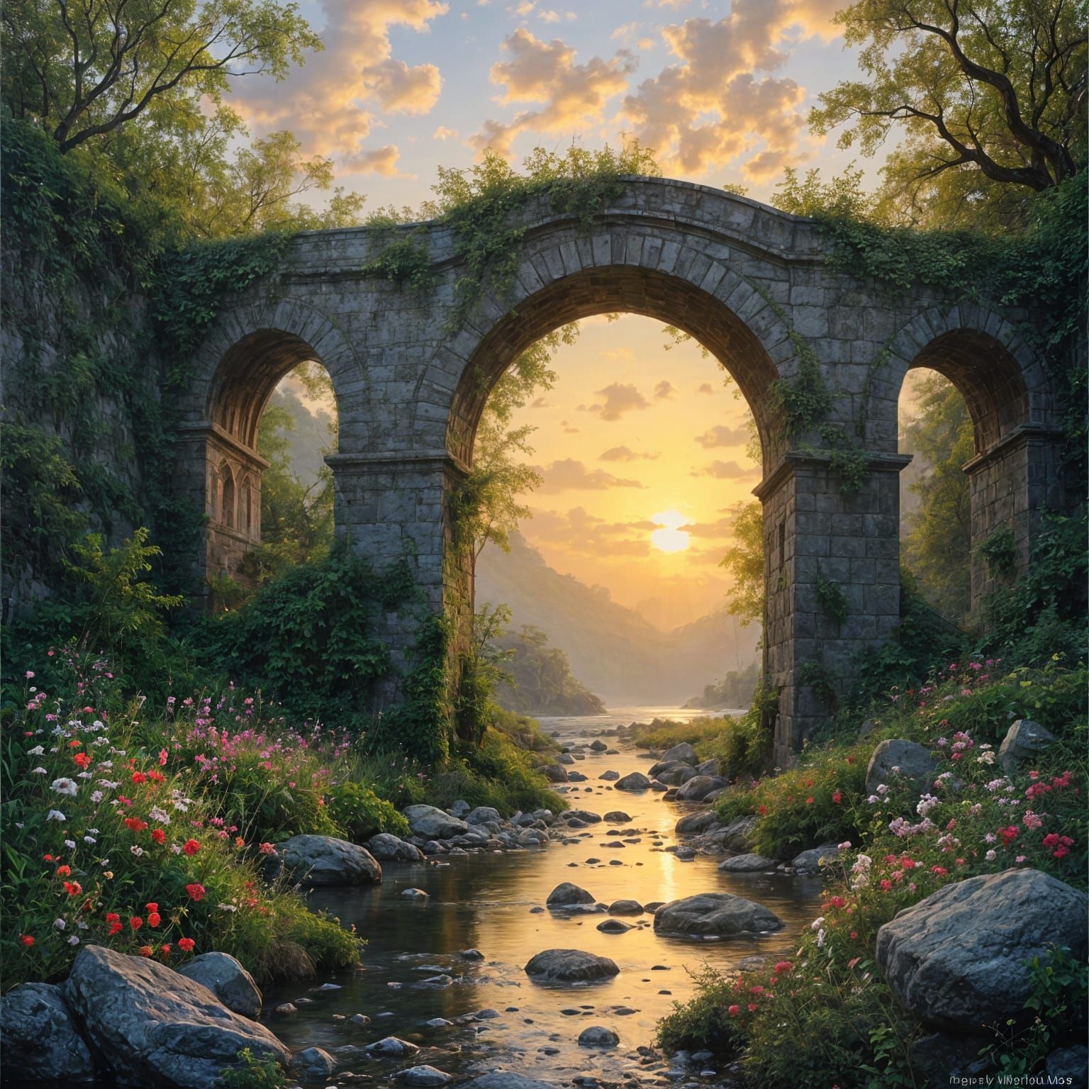 Vine-Covered Bridge at Sunset