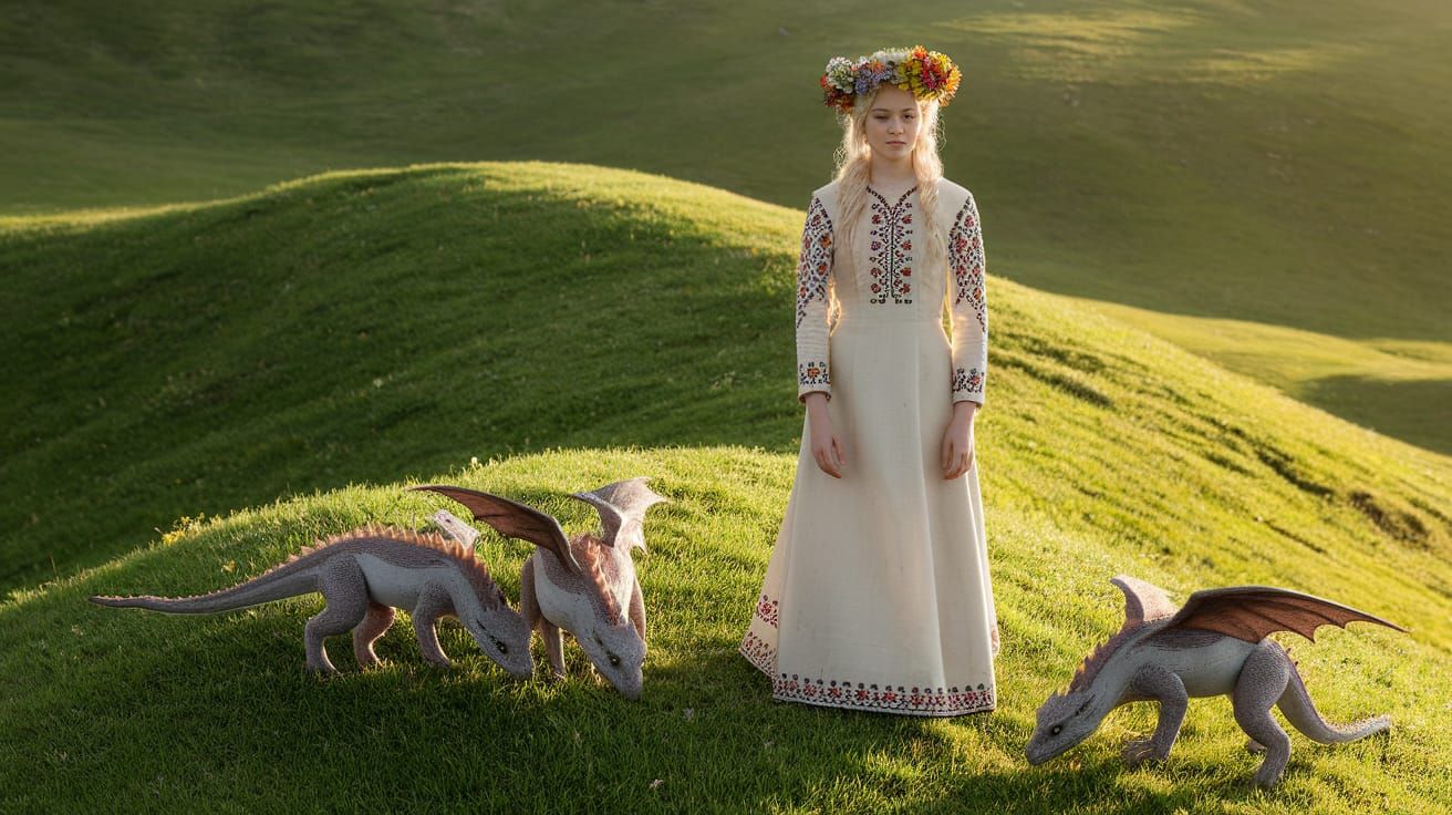 Daenerys Targaryen, dressed in a Ukrainian folk long dress e...
