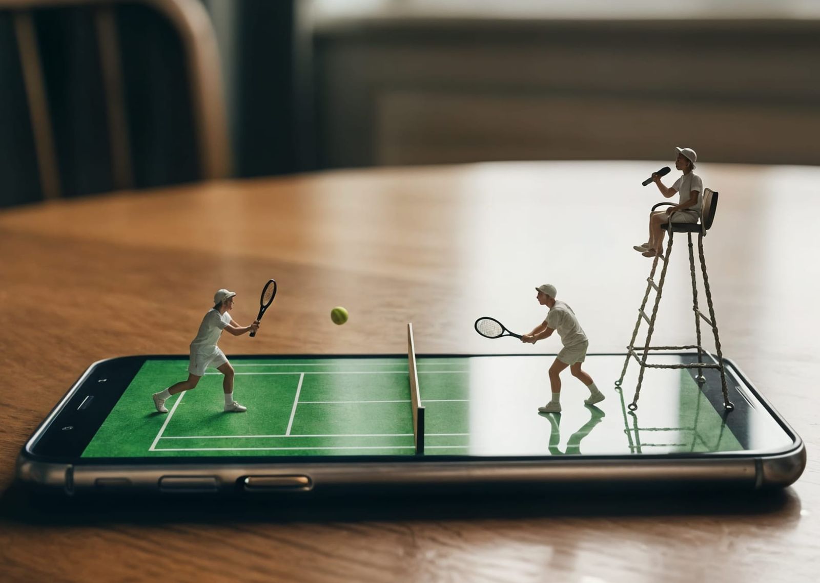 Tennis Match on Mobile Phone Screen, Professional Photograph...