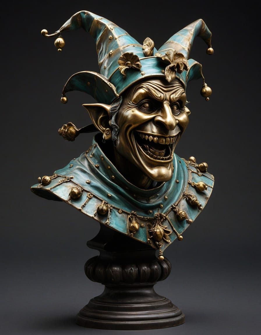 Bronze Jester Sculpture with Exaggerated Facial Expression