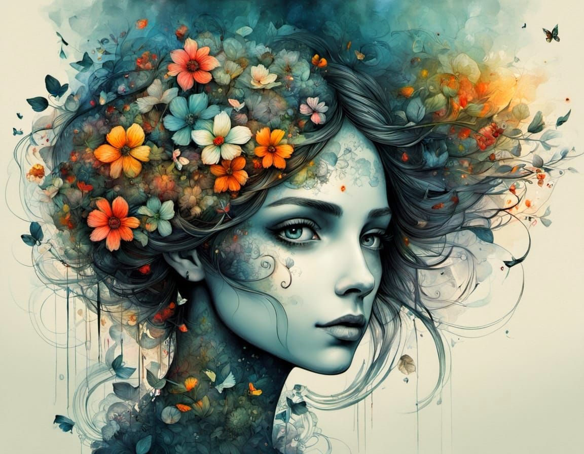 Abstract Woman Portrait with Flowering Branches