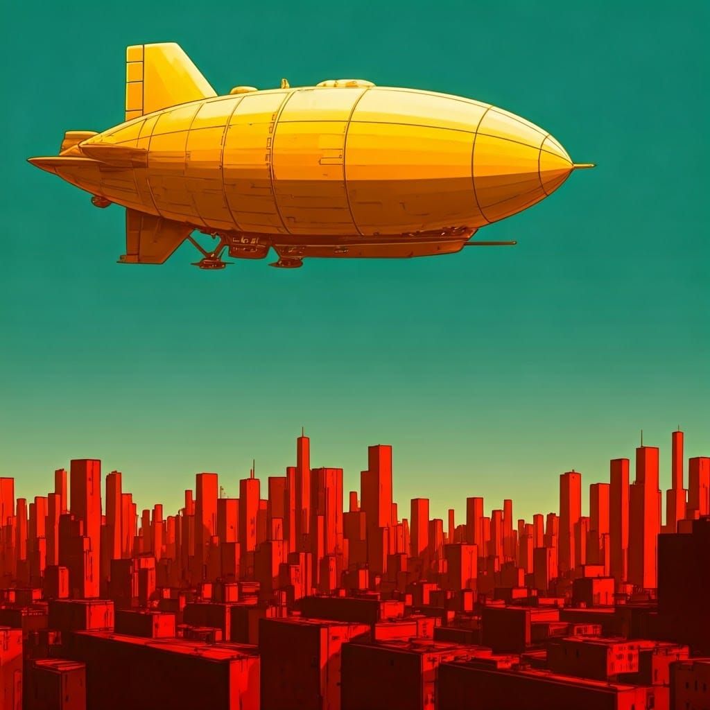 Vintage Steampunk Airship Over a Crimson Cityscape