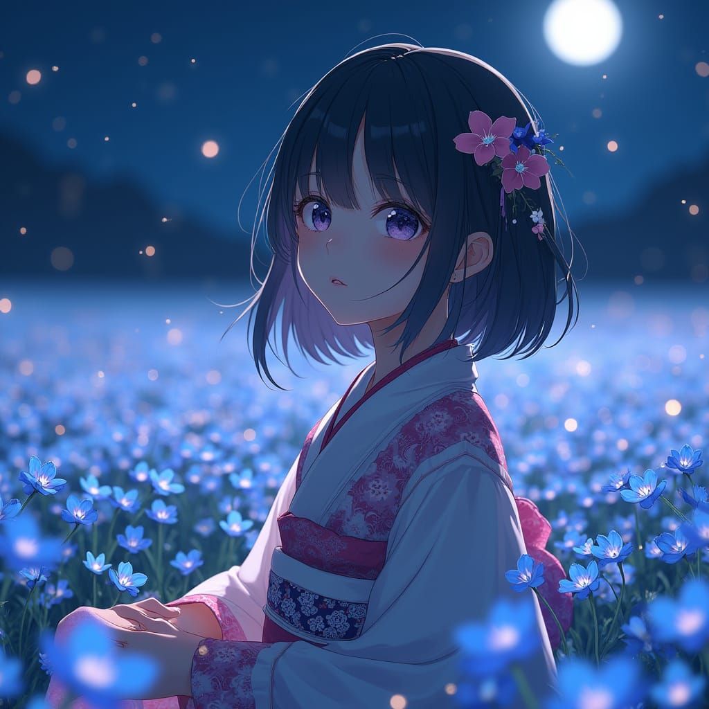 Ethereal Anime Girl in Lush Bluebell Field