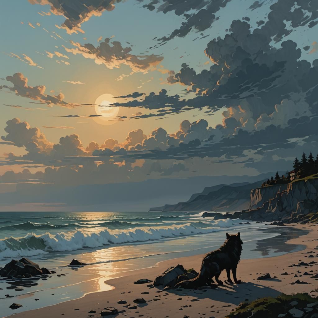 Lycanthrope on Sea Coast: Gouache Illustration