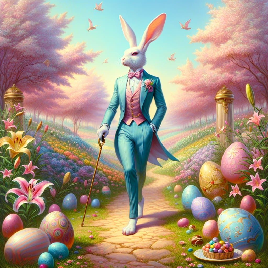 Victorian Easter Rabbit in Blossoming Meadow