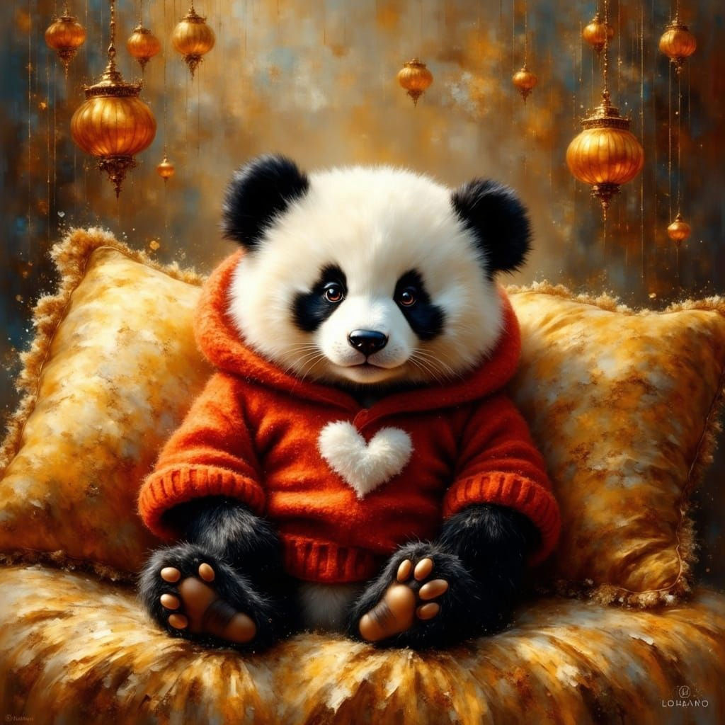 Surreal Panda Baby in Heart-Emblazoned Sweater on Fuzzy Gold...