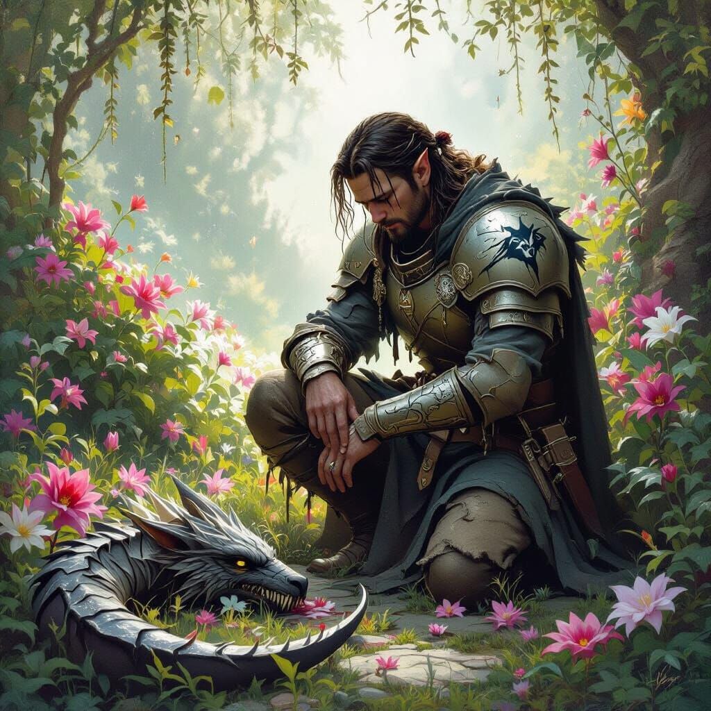 Mourning Cleric Fighter in Ethereal Garden, Fantasy Art