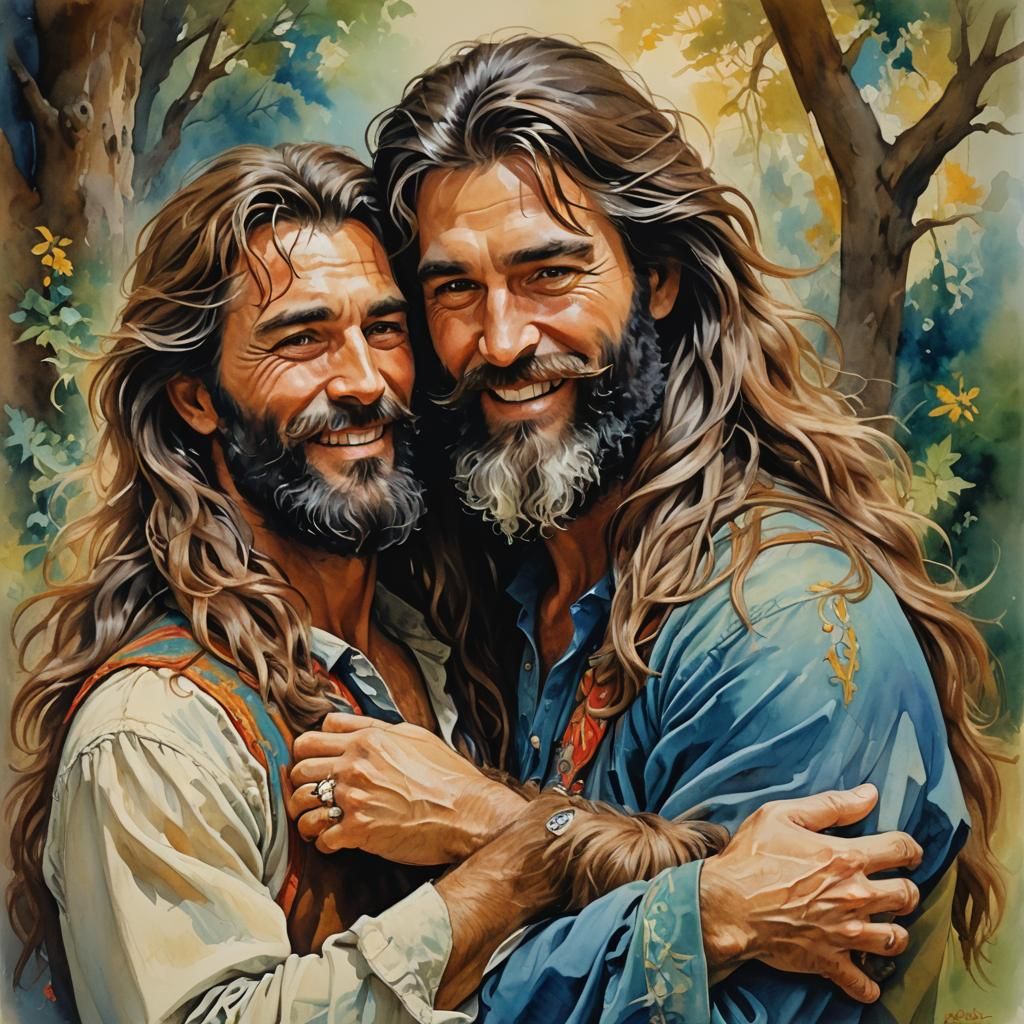 Loving Embrace in a Fantasy Gouache Painting