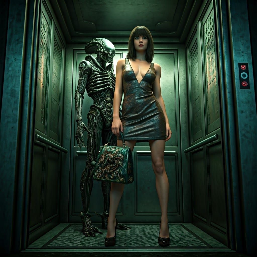 Xenomorph Fashion: Woman in Giger-esque Elevator