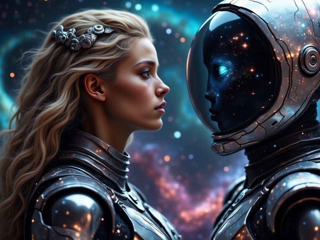 Astronaut and Alien Face Reflection: Galaxycore Style