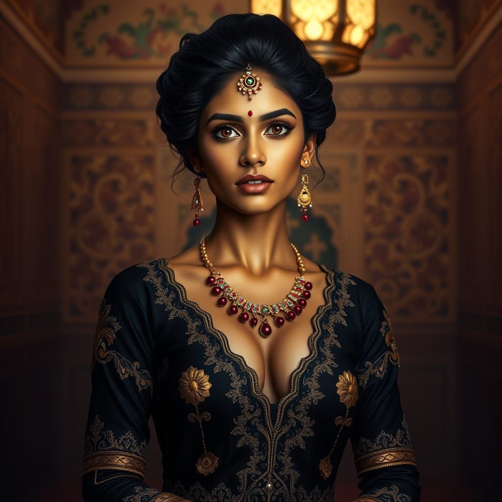 Elegant Indian Woman with Ruby Ornament in Regal Portrait