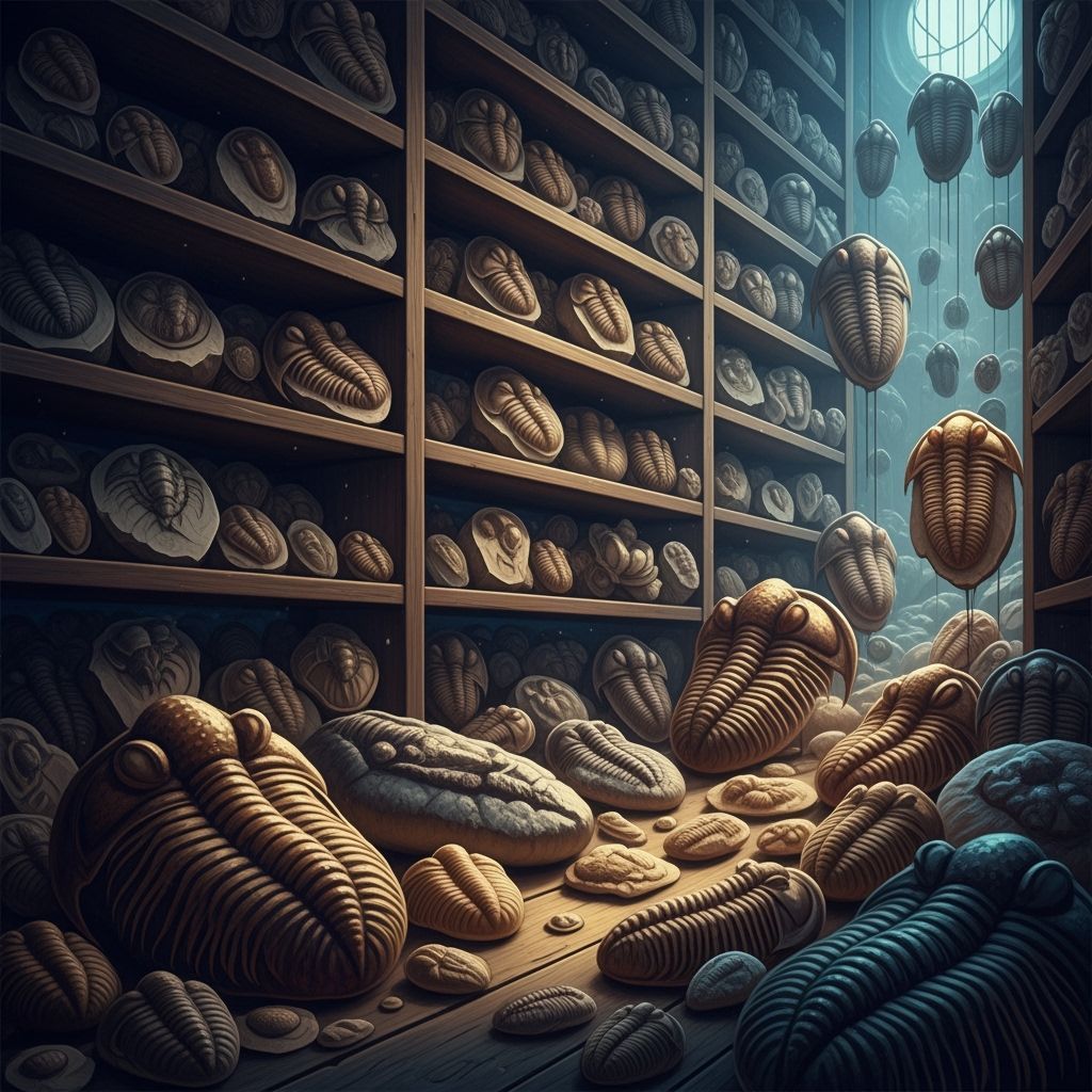 Trilobite Fossil Collection on Dark Wooden Shelves