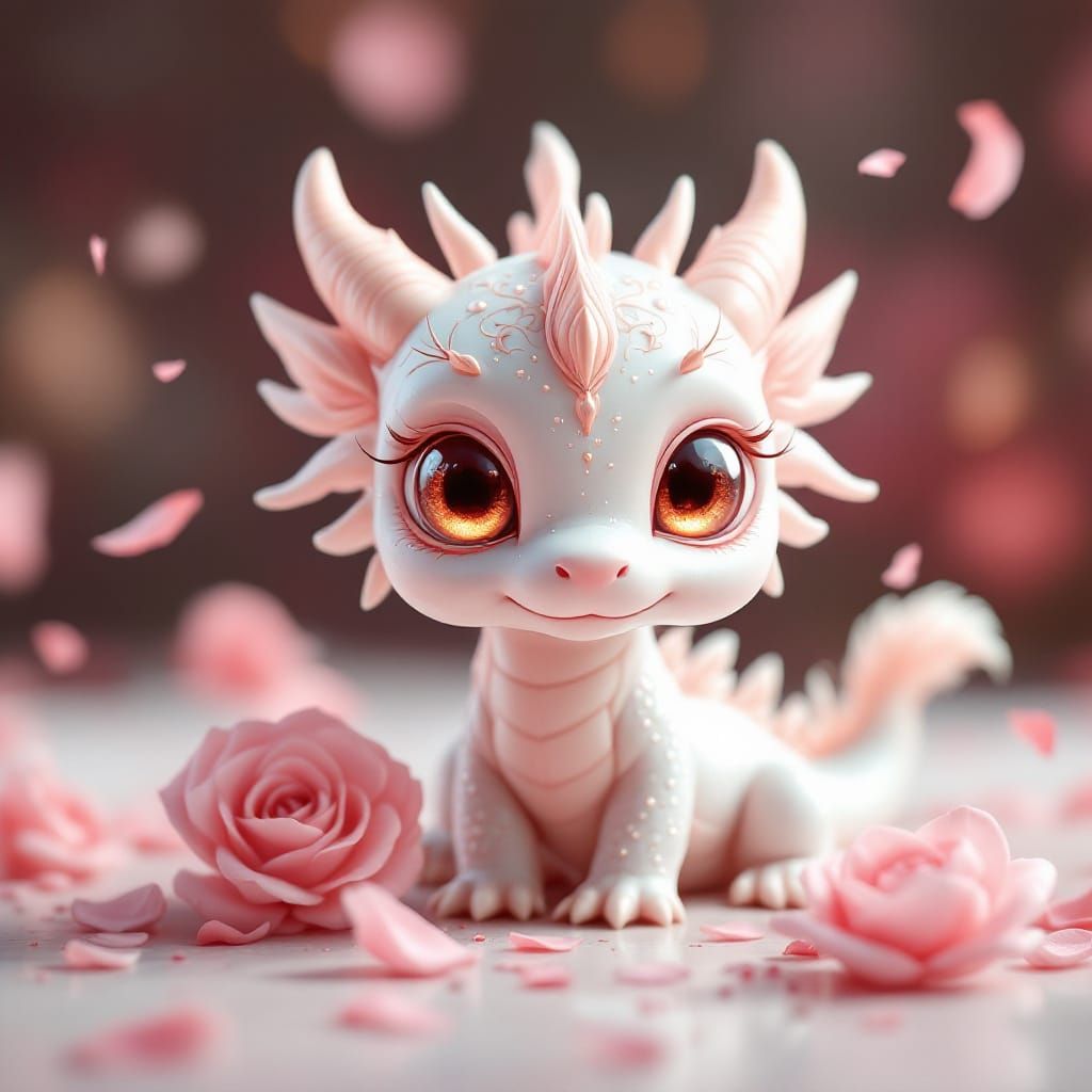 Cute Chibi Porcelain Dragon with Googly Eyes and Rose Petals