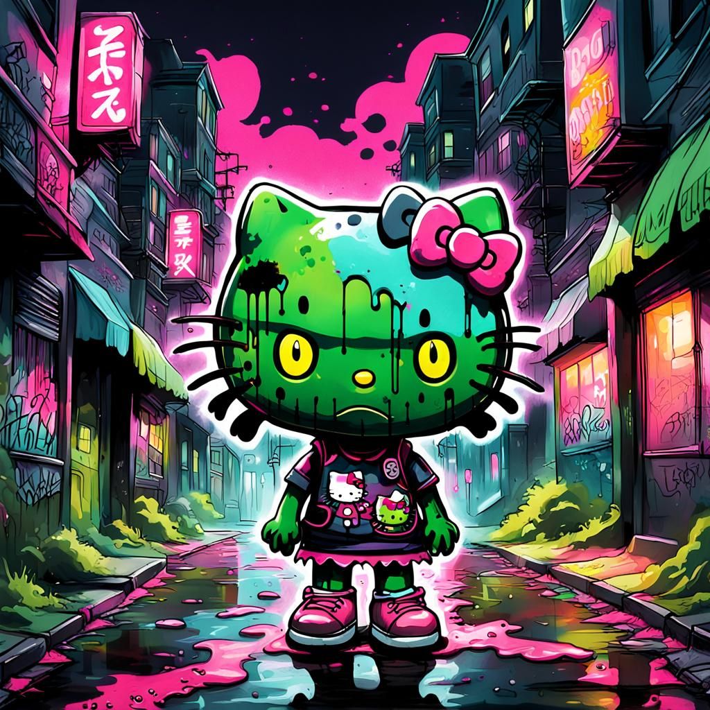 Zombie Hello Kitty Graffiti Art in Cityscape