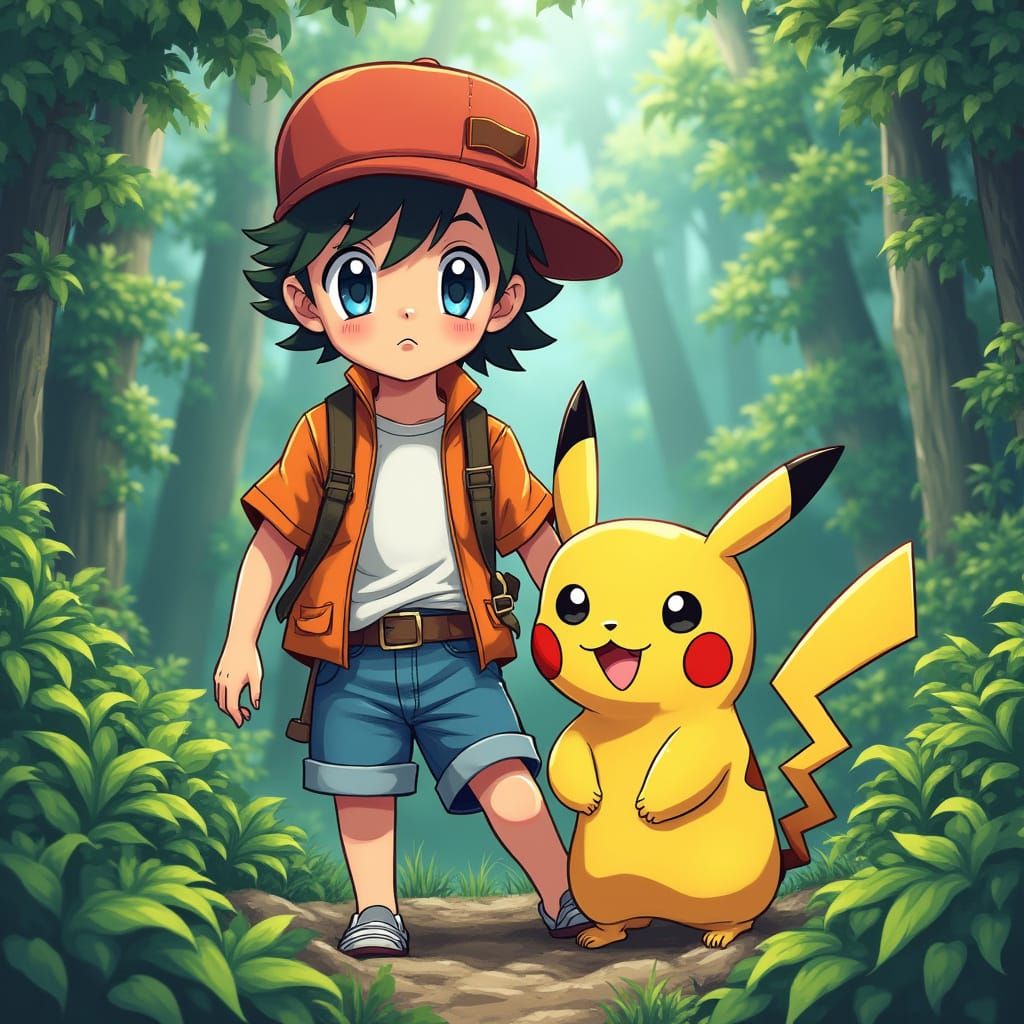 Pokemon Trainer and Pikachu in Anime Style