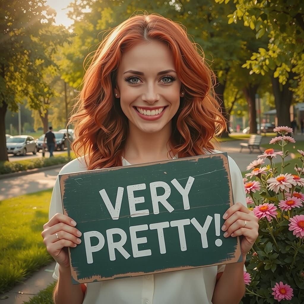 Radiant Woman with Sign in Sunny Park