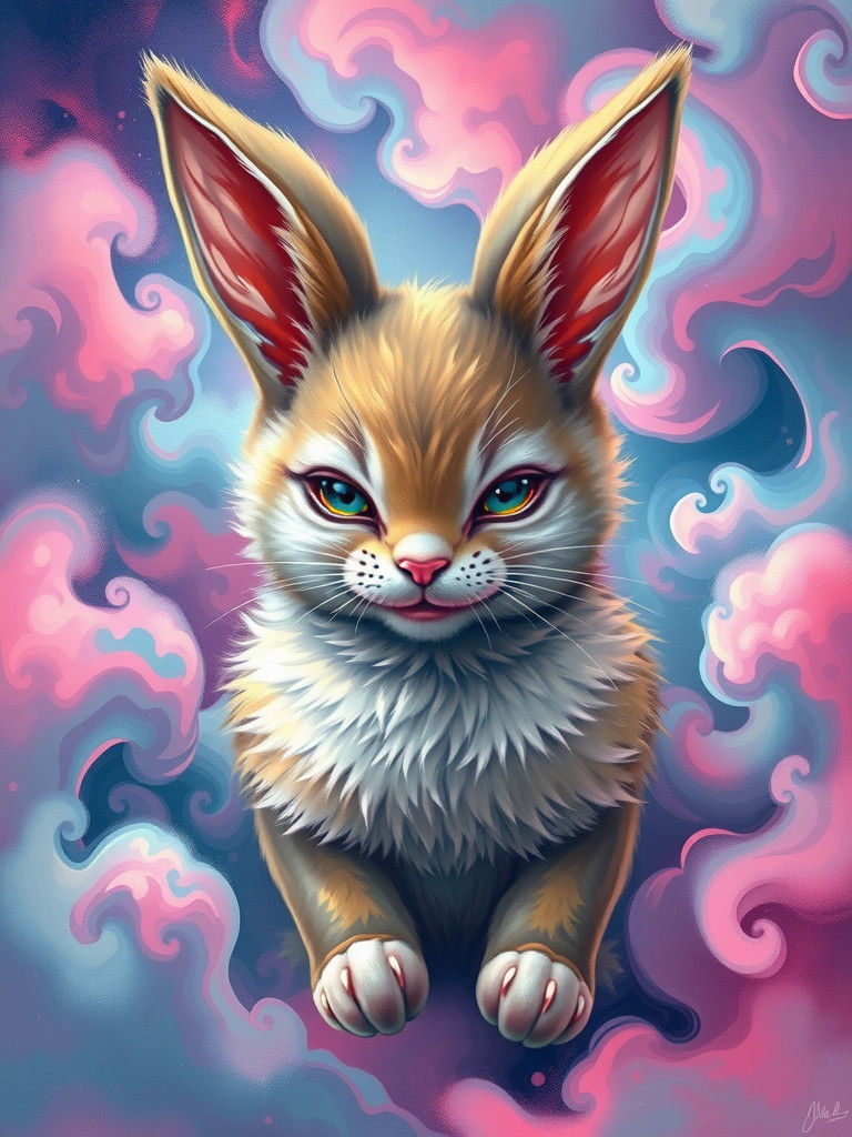 Surreal Hybrid Bunny-Cat with Iridescent Fur