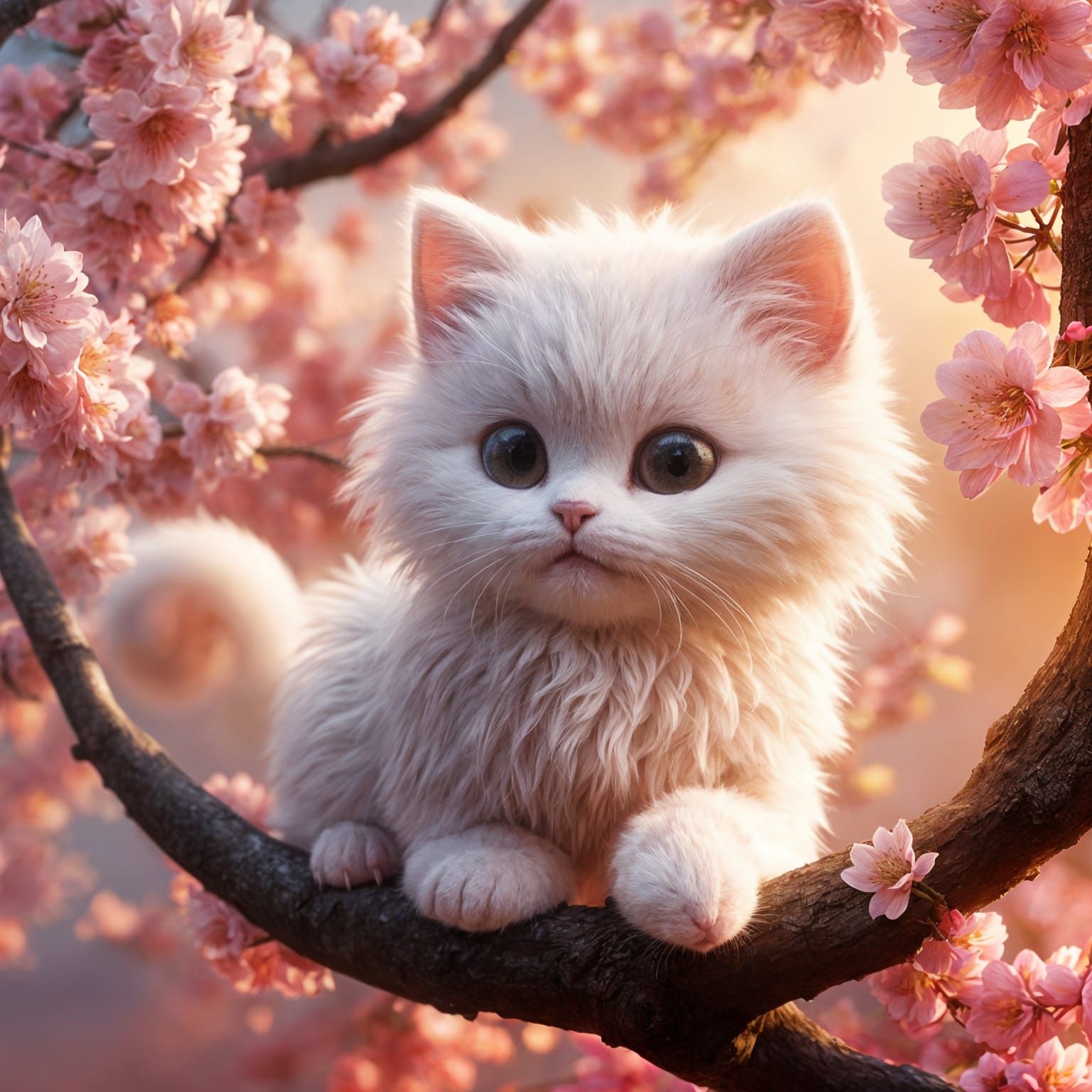 Fluffy Kitten Plays Under Cherry Blossom Tree