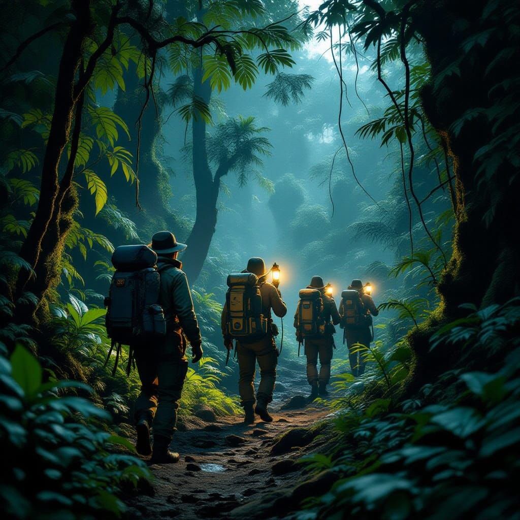 Explorers in Ancient Jungle at Dusk: Cinematic Film Still