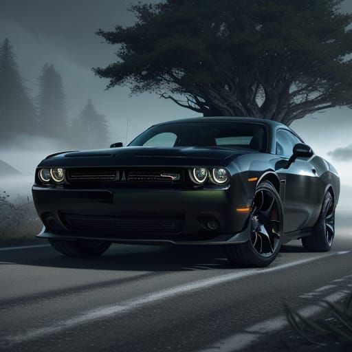 Sleek Black Dodge Challenger on Mystical Mountain Road