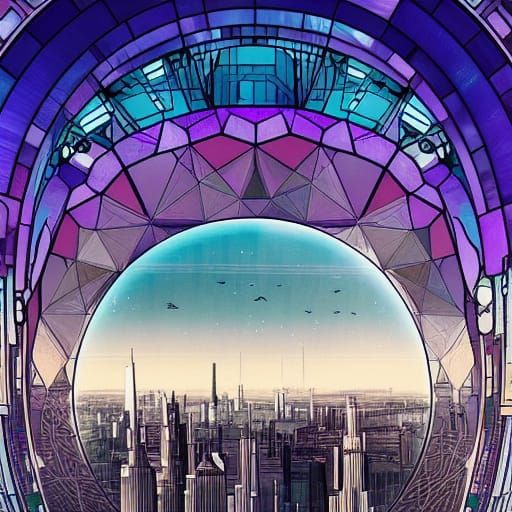 Retrofuturistic Dystopian City in Stained Glass Style