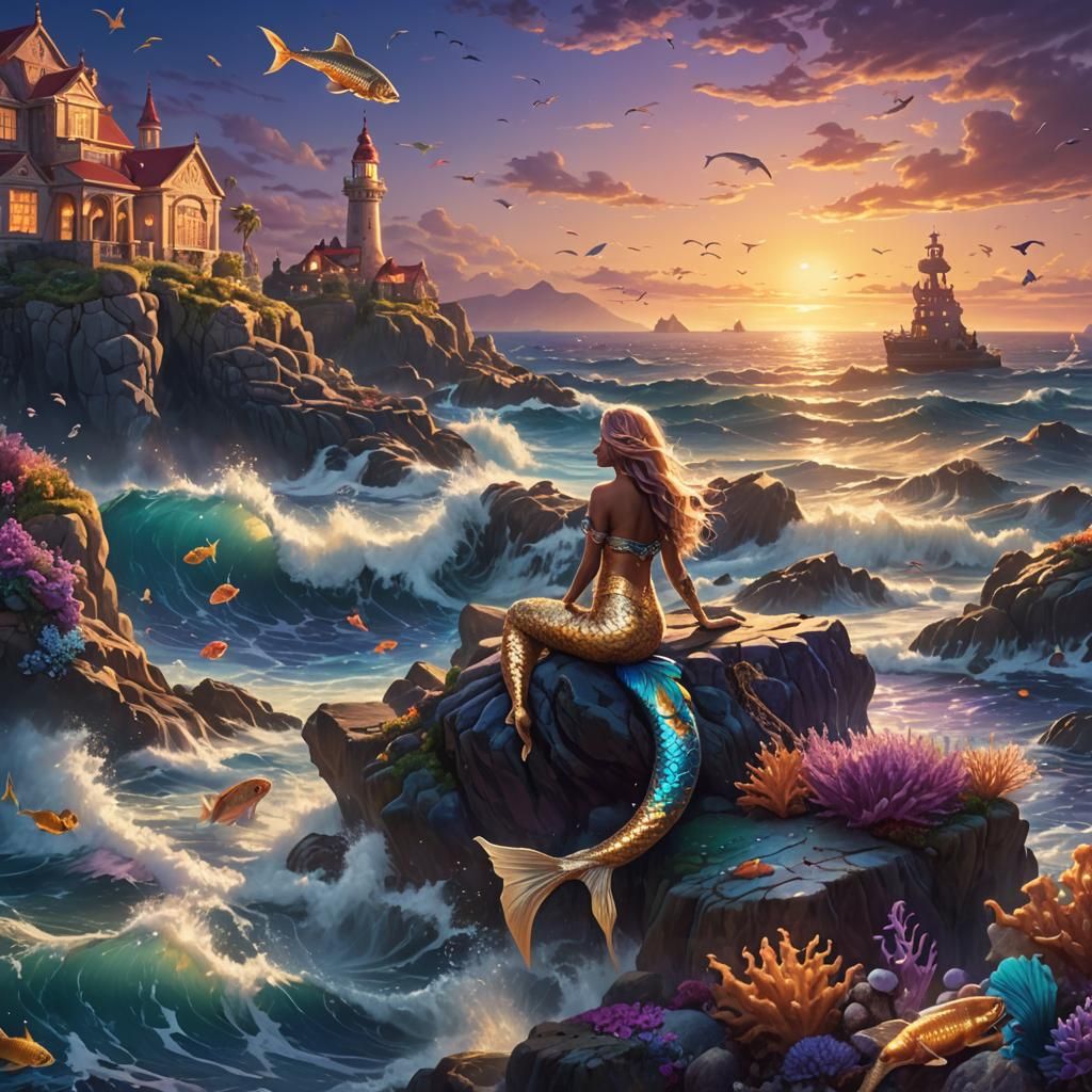 Majestic Mermaid Seascape at Sunset: Digital Matte Painting