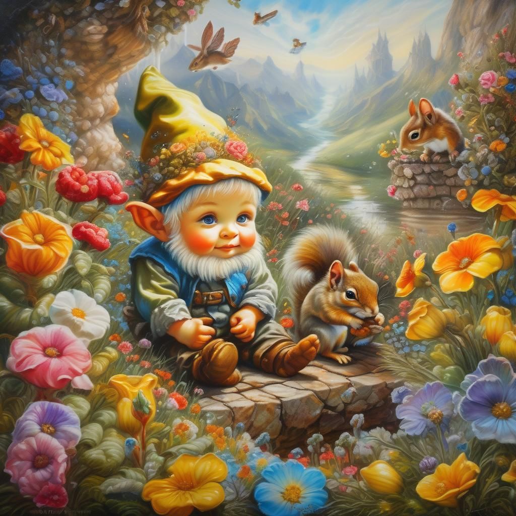 Baby Gnome in Flower Bed: High Fantasy Oil Painting