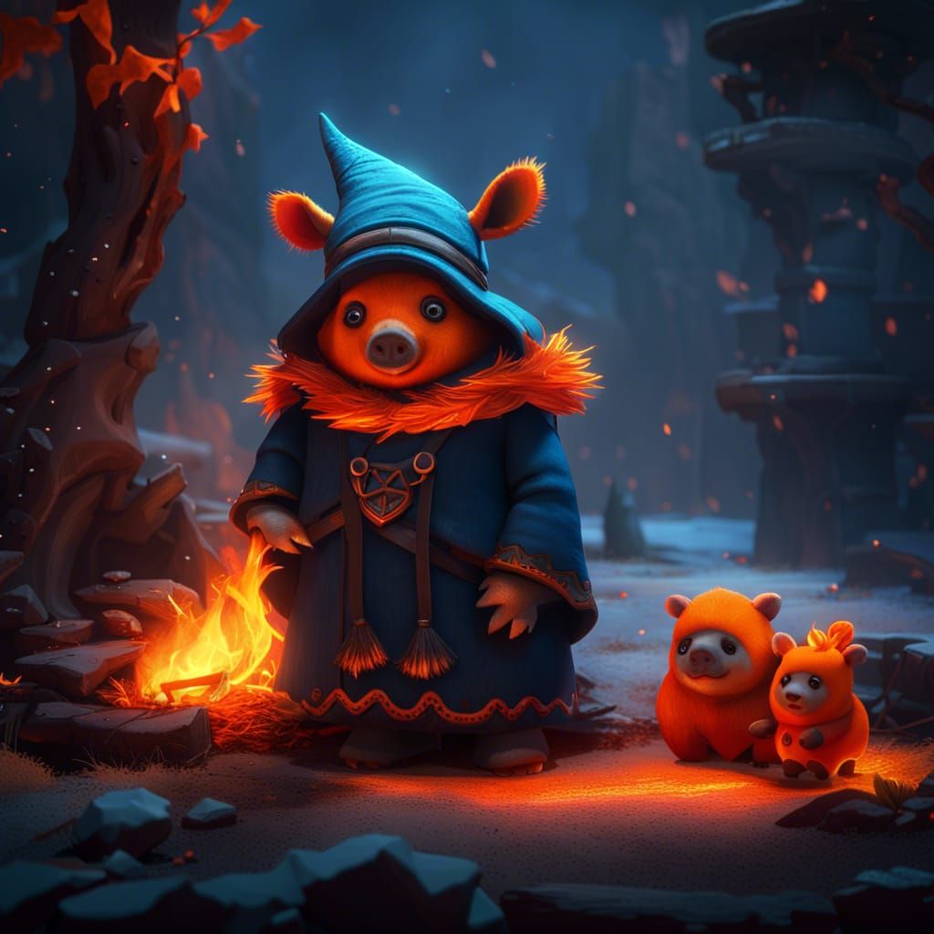 Wizard Pig and Panda Warm by Fire