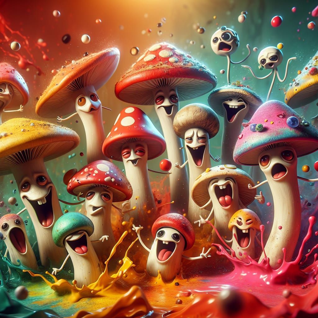 Playful Mushrooms Displaying Joyful Expressions, Splash Art