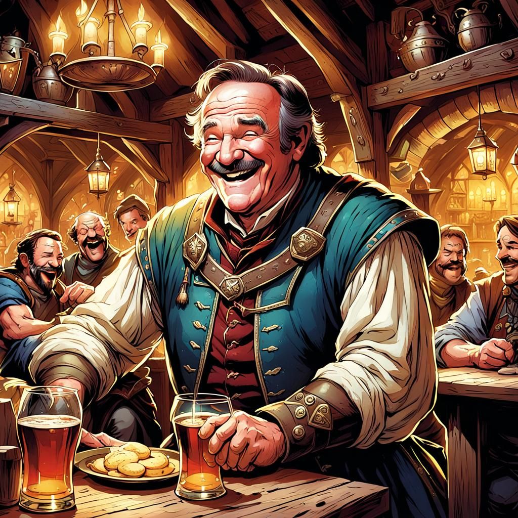 Fantasy Bard Laughing in Tavern: Comic Book Art