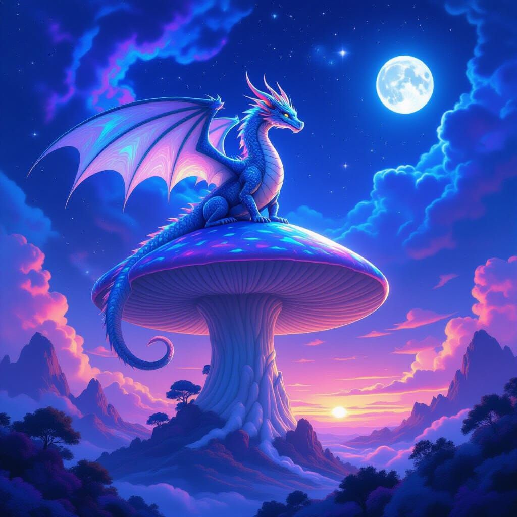 Dragon on Crystal Mushroom Under Nebula Sky