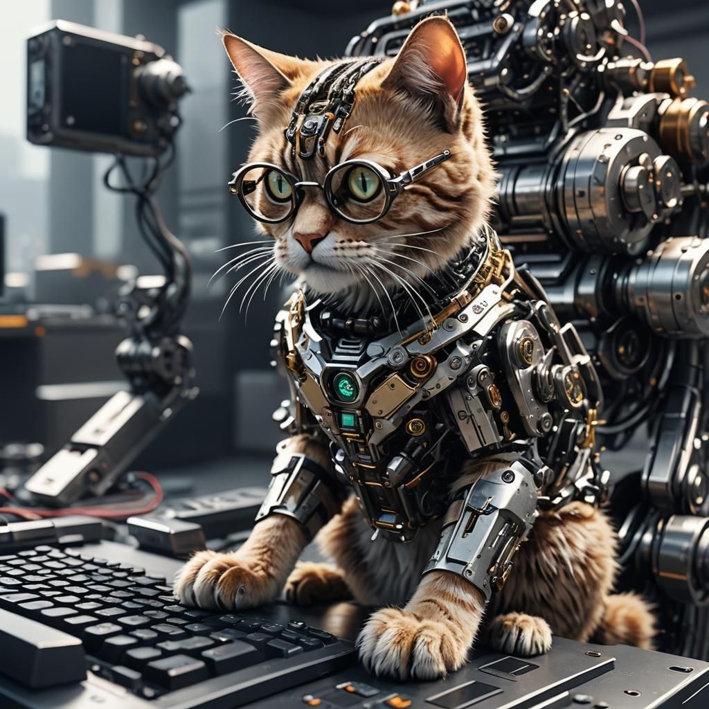 Cat in Specs Typing on Computer: Sci-Fi Render