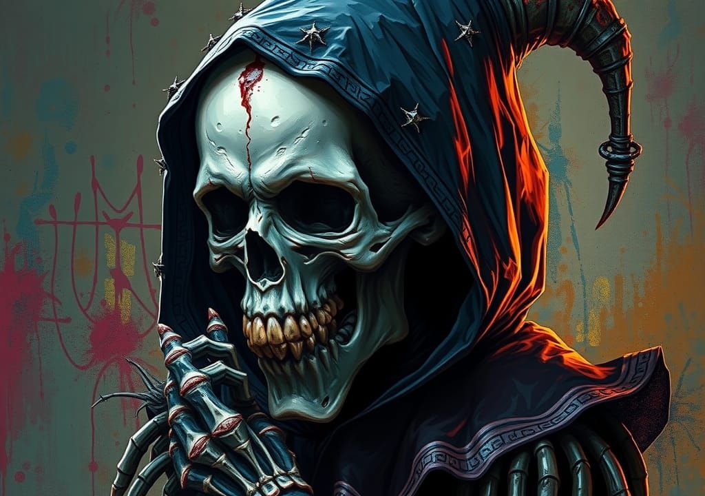 Cursed Skull in Dark Harlequin Outfit, Hyperrealistic Splash...