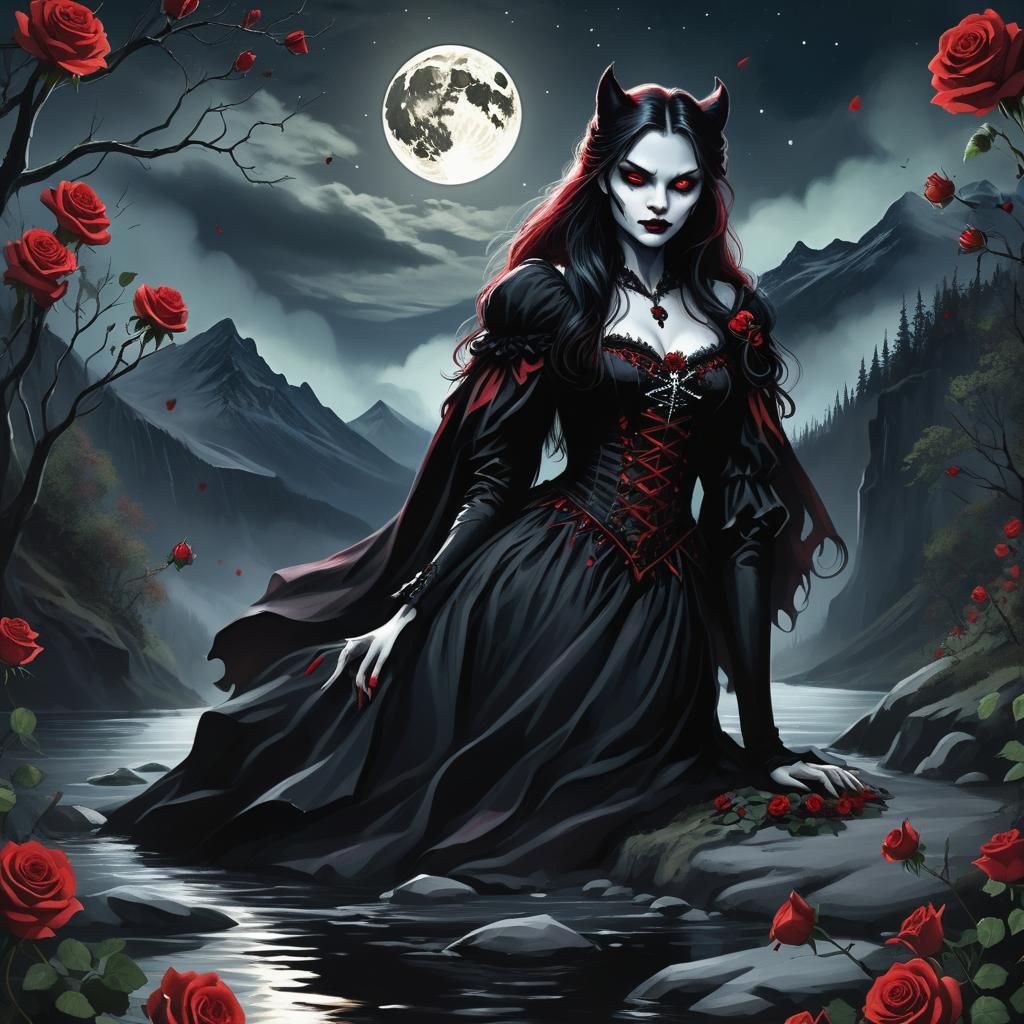 Valley of Roses with Vampire and Beauty, Gothic Art
