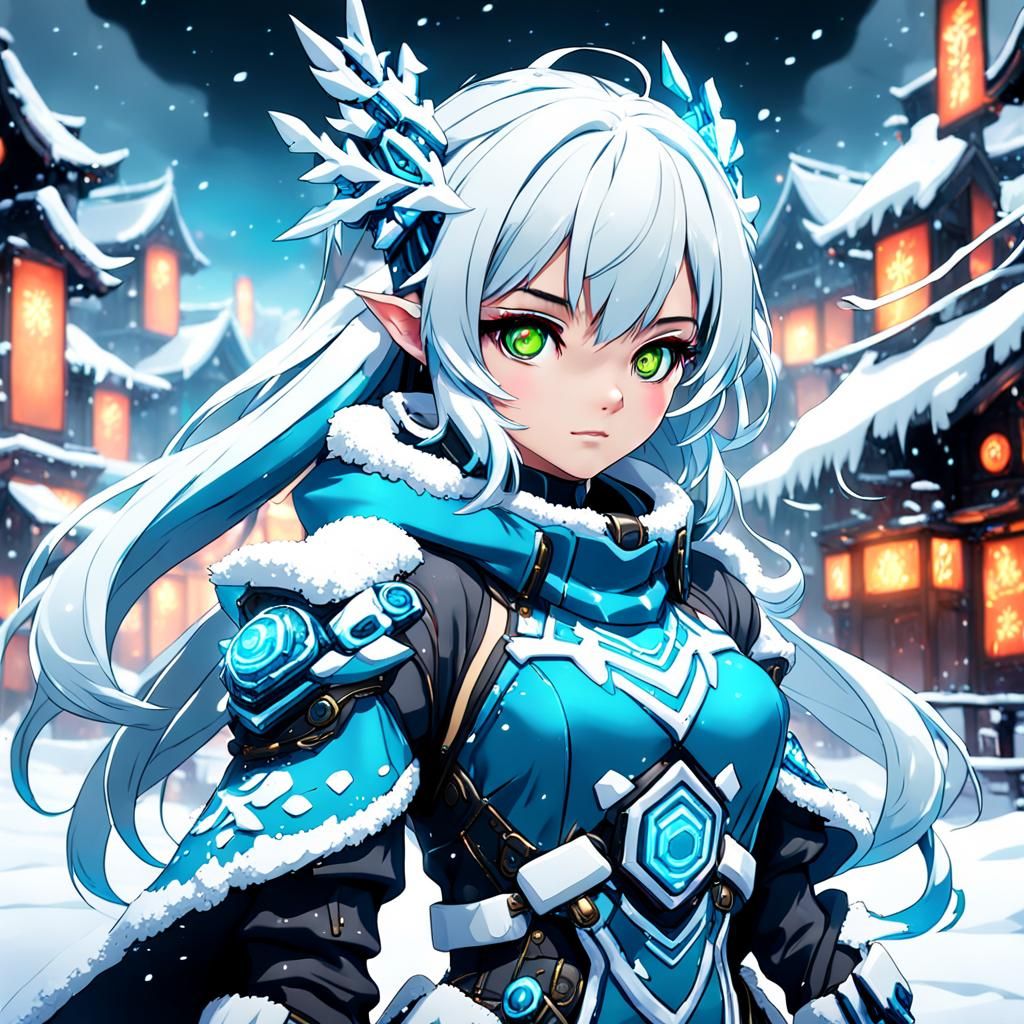 Anime Cyber Snow Girl in Detailed Digital Painting