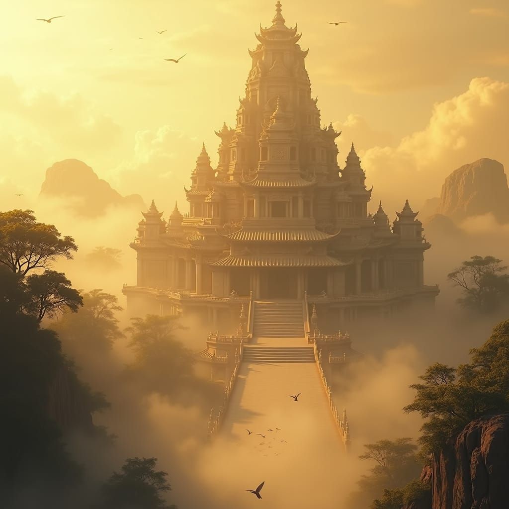 Majestic Ancient Temple in Golden Mist: Ultra-Detailed Reali...