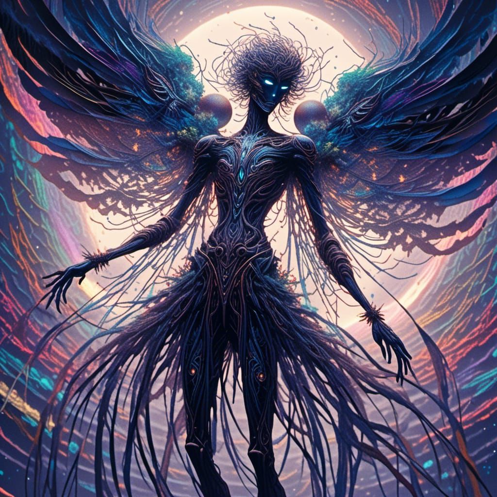 Iridescent Thread Humanoid with Cosmic Tapestry