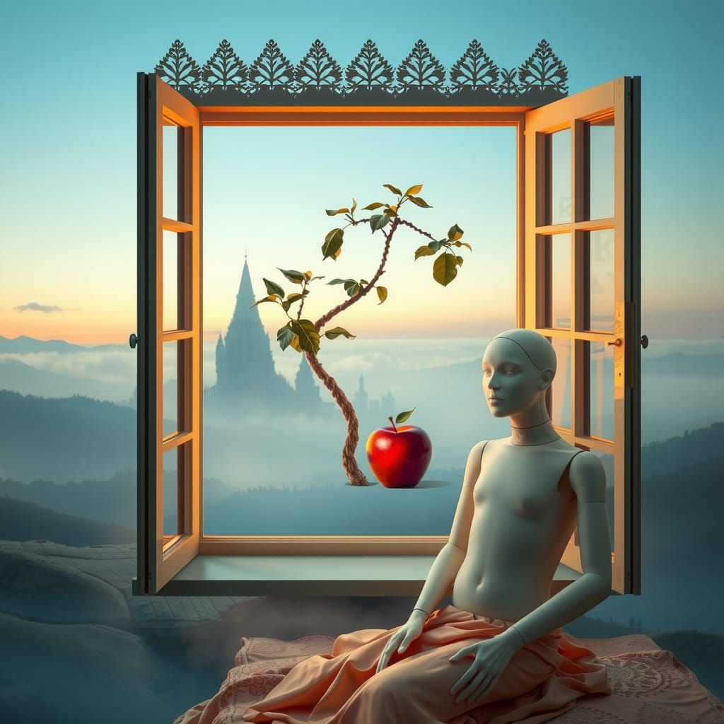 Surrealist Landscape with Serene Window and Curved Tree