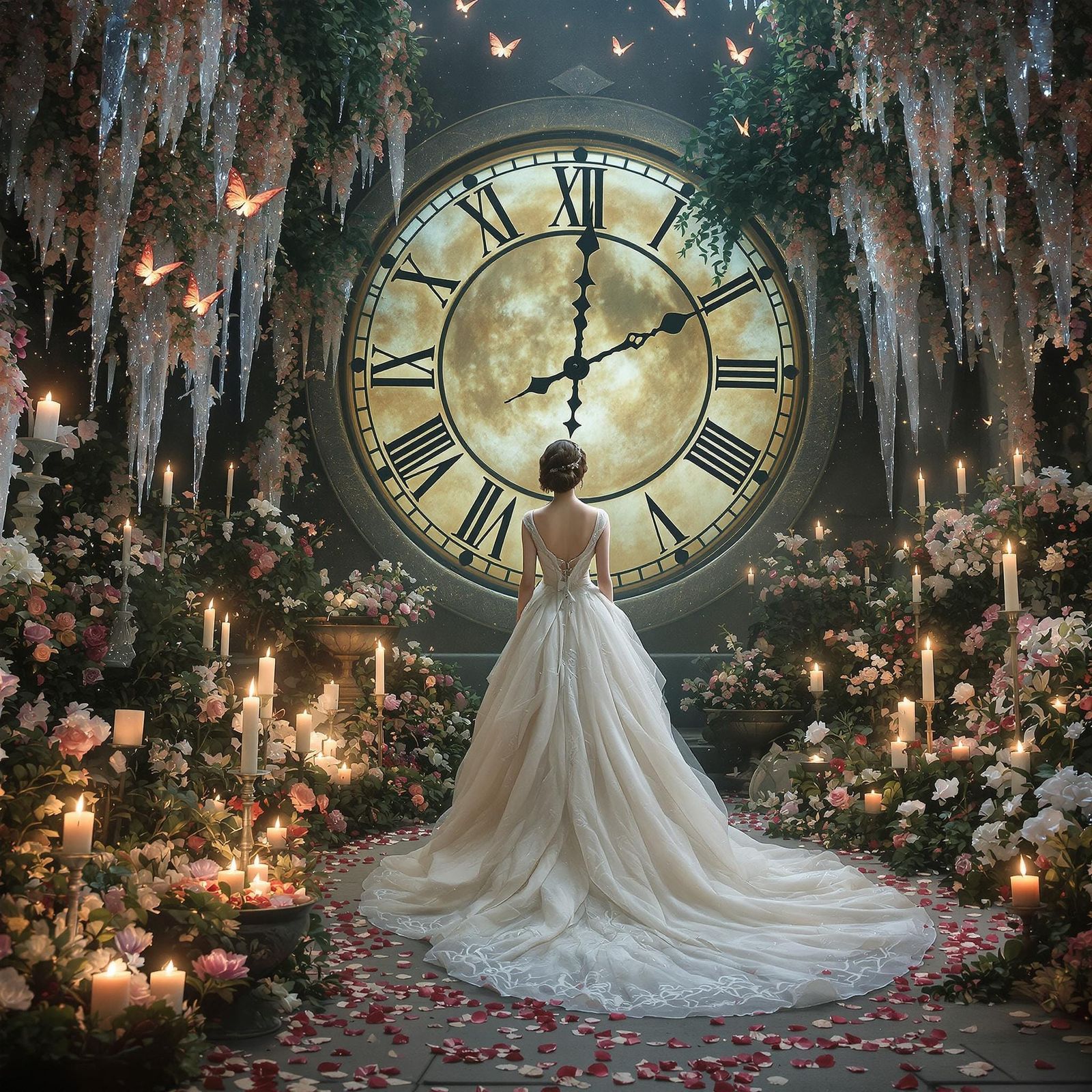 Ethereal Woman in Flower Garden with Clock