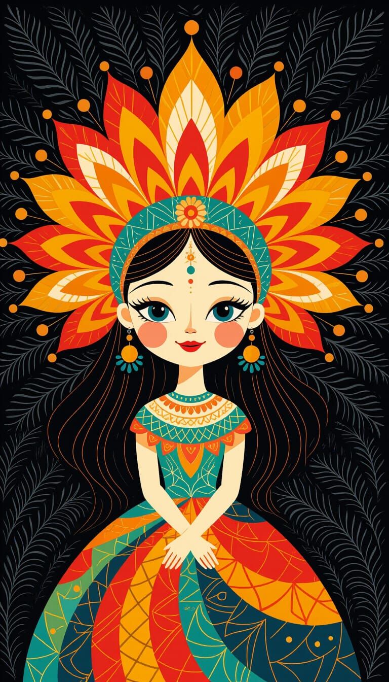 Ethereal Teen Girl with Geometric Headdress in Woodcut Style