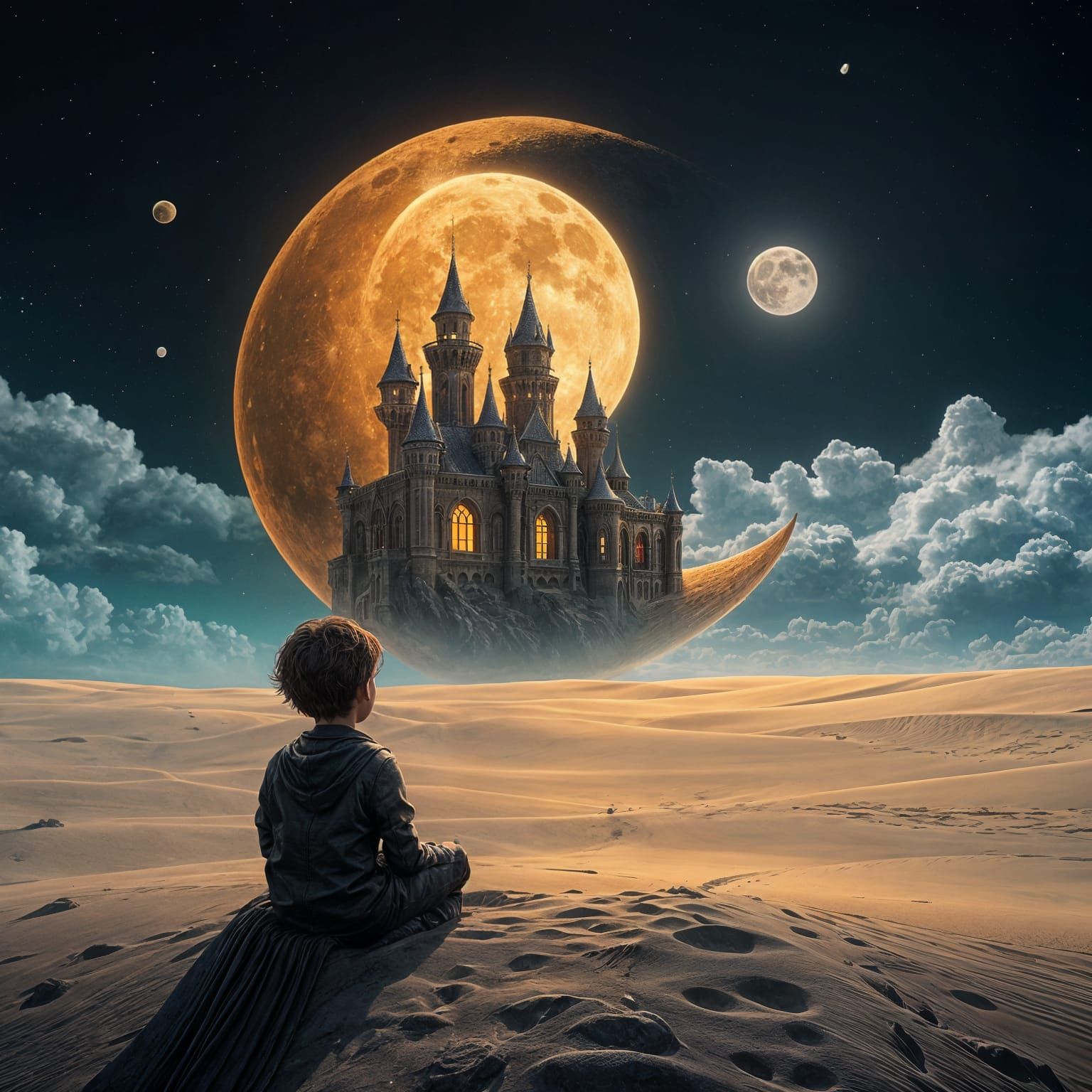 Boy Contemplates Majestic Moon Castle in a Fantasy Scene
