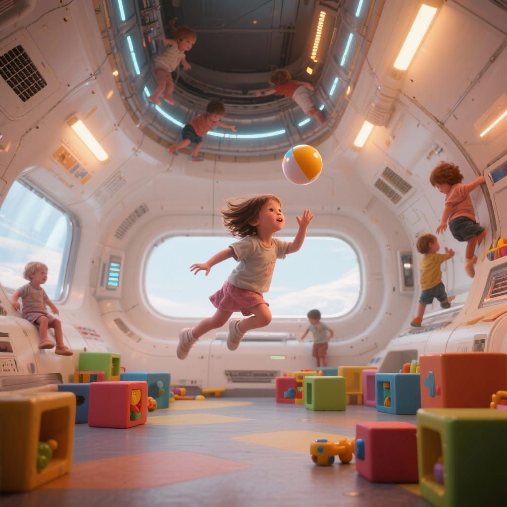 Child Chasing Ball in Sci-Fi Daycare