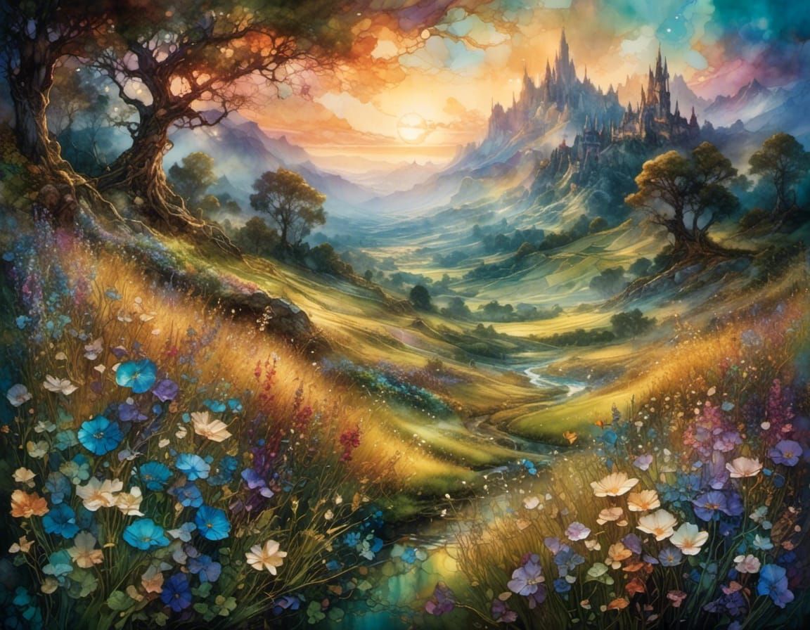 Fantasy Wildflower Meadow at Sunrise in Alcohol Ink Style