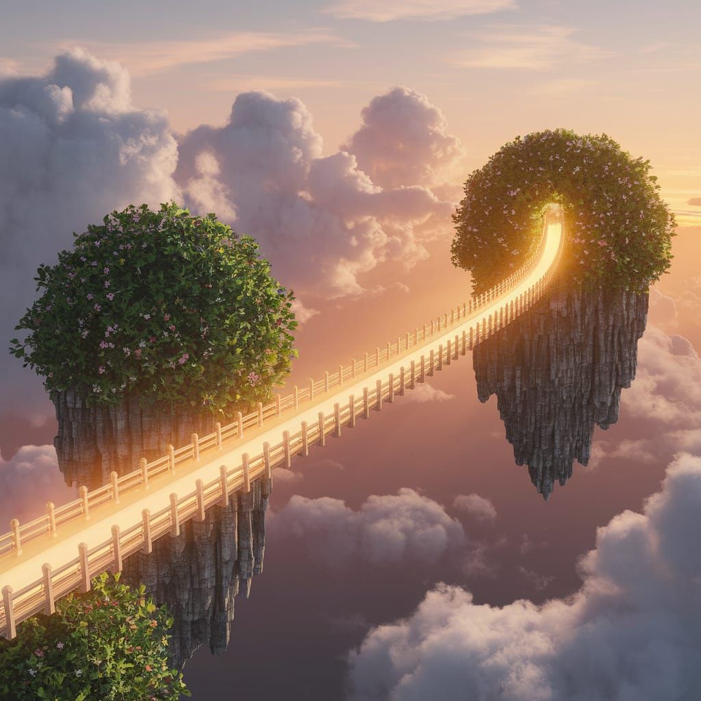 Glowing Bridge Connects Serene Floating Islands in the Sky