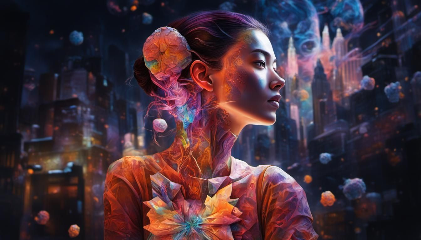 Cybernetic Girl Portrait with Origami in Cyberpunk Style