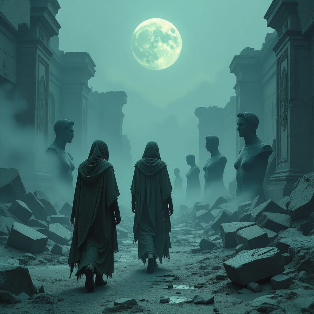 Ethereal Moonlit Basin of Fractured Memory Statues