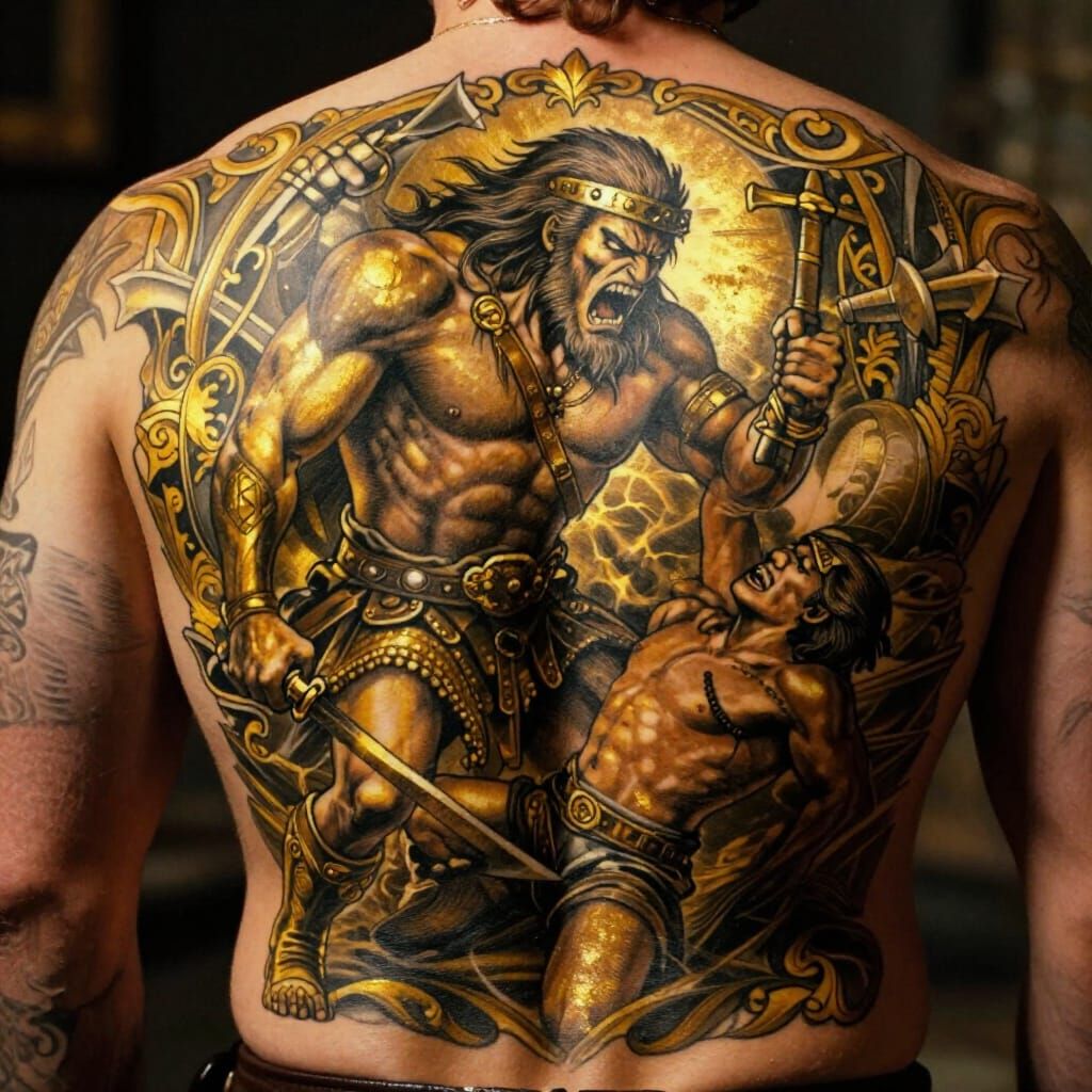 Neo-Traditional Tattoo: Barbarian Captures Prisoner